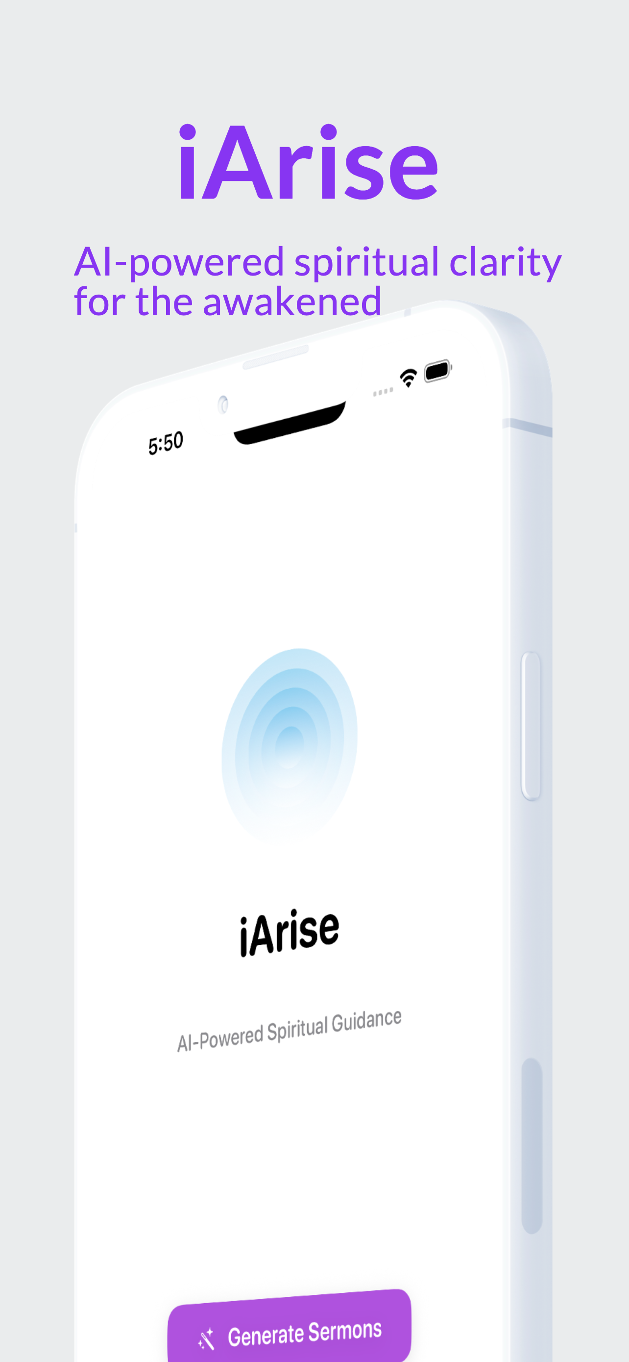 iArise app splash screen with AI-powered spiritual guidance