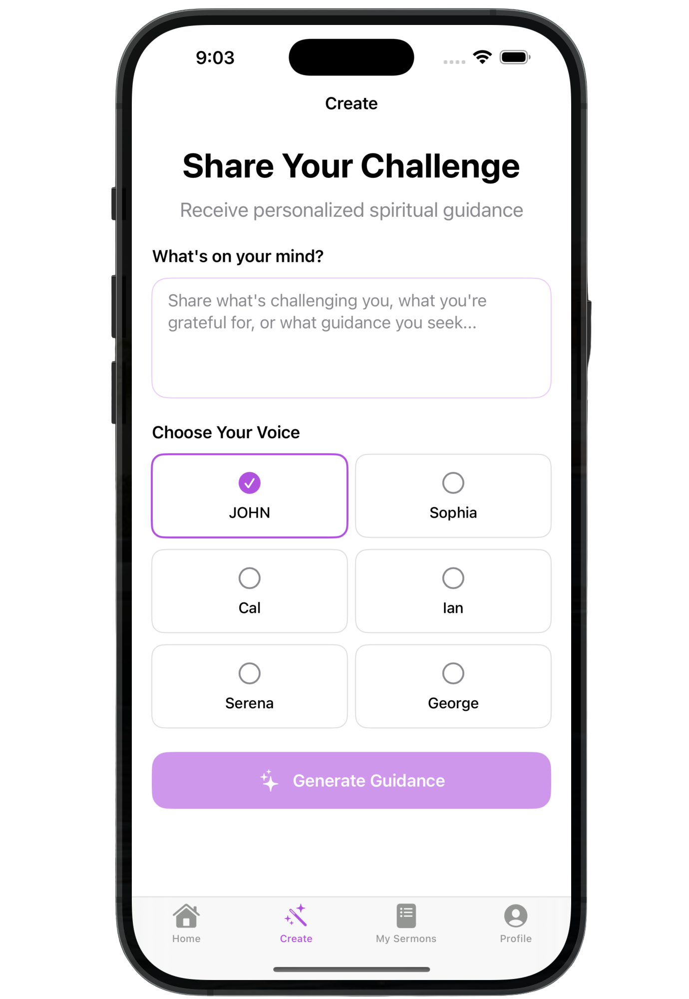iArise spiritual guidance app home screen interface